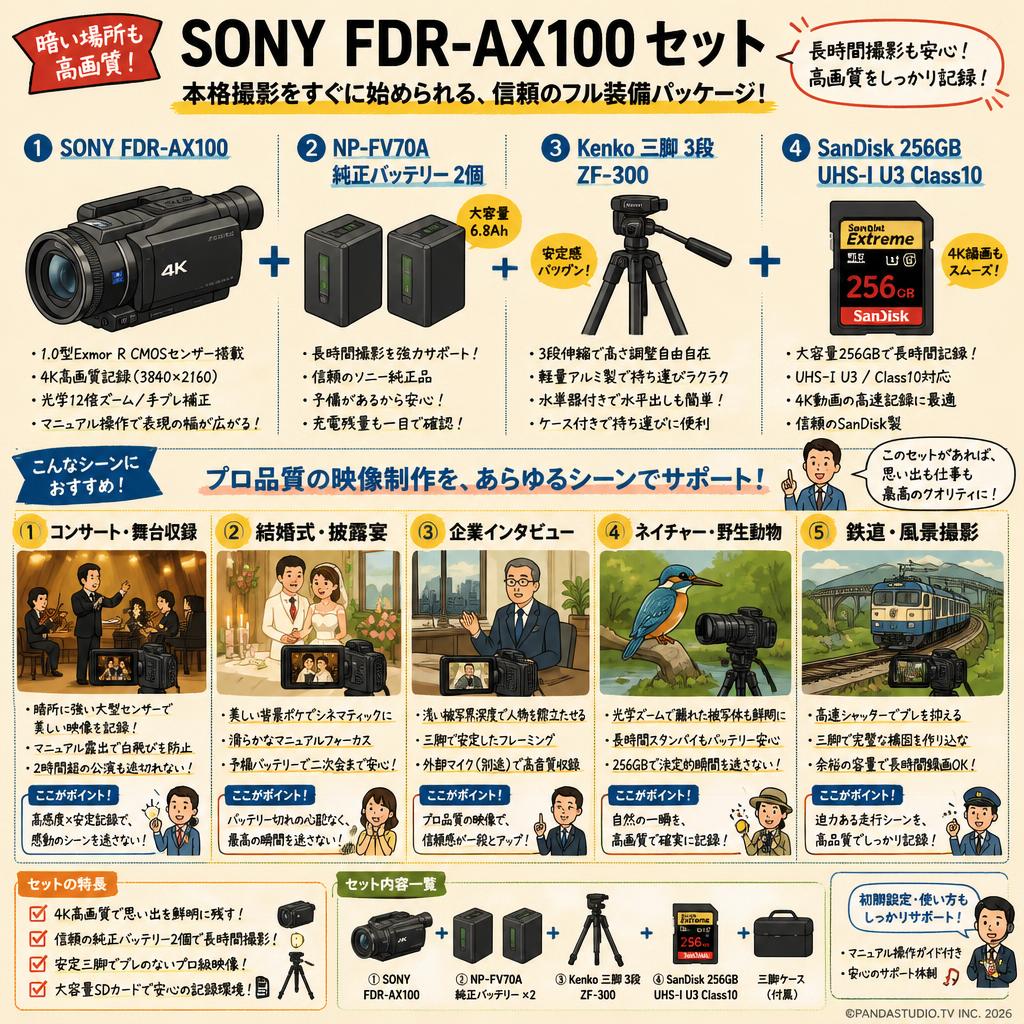 SONY FDR-AX100 / NP-FV70A 純正バッテリー2個 /Kenko 三脚 3段 ZF-300 / SanDisk 256GB UHS-I U3 Class10セット 用途