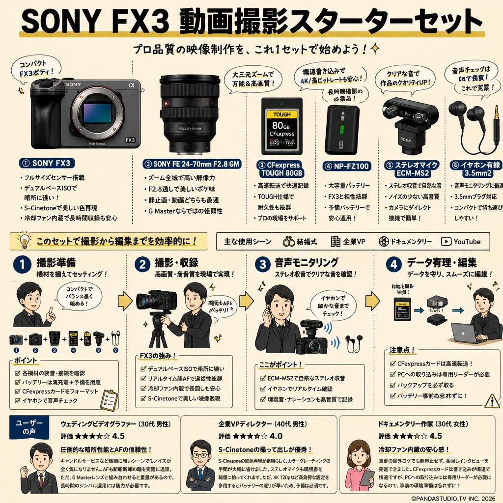 SONY FX3 / SONY FE 24-70mm F2.8 GM / CFexpress TOUGH 80GB / NP-FZ100 / ステレオマイク ECM-MS2 / イヤホン有線 3.5mmセット インターネット上のお客様の声（評判）