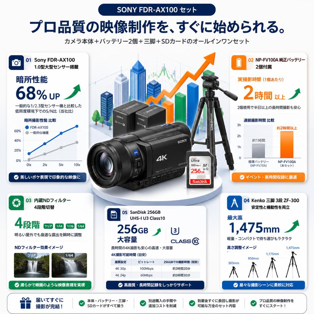 SONY FDR-AX100 / NP-FV100A 純正バッテリー2個 / Kenko 三脚 3段 ZF-300 / SanDisk 256GB UHS-I U3 Class10セット セールスポイント