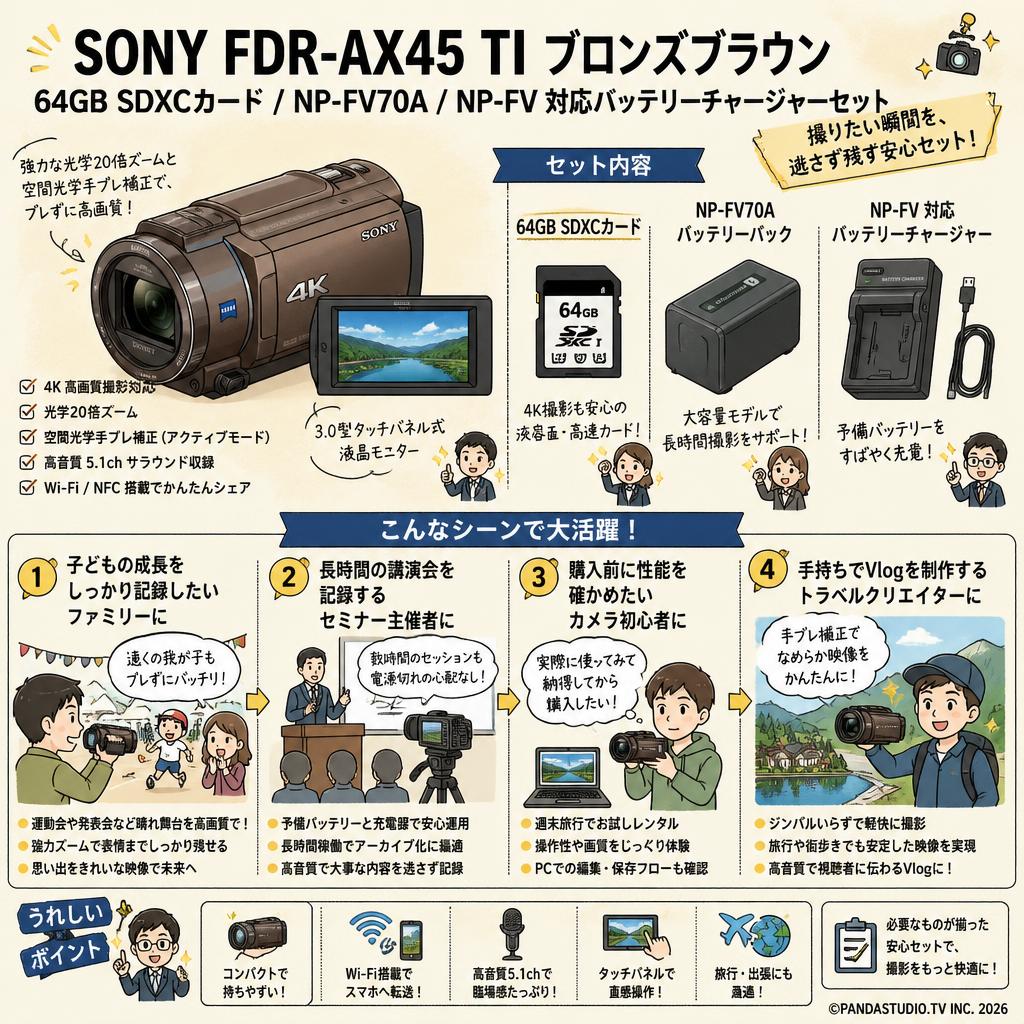 SONY FDR-AX45 TI ブロンズブラウン / 64GB SDXCカード / NP-FV70A / NP-FV 対応バッテリーチャージャーセット おもな対象のお客様