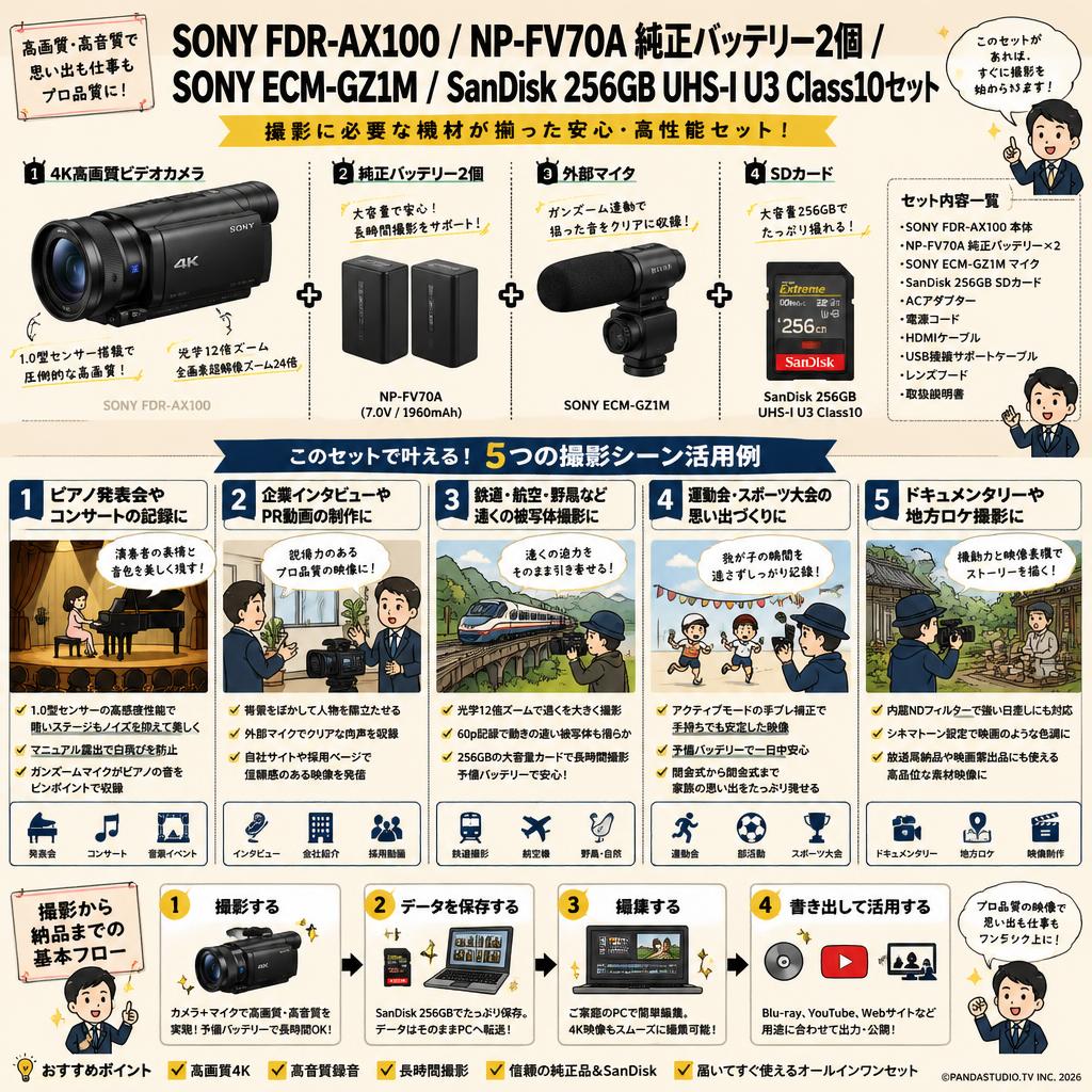 SONY FDR-AX100 / NP-FV70A 純正バッテリー2個 / SONY ECM-GZ1M / SanDisk 256GB UHS-I U3 Class10セット 用途
