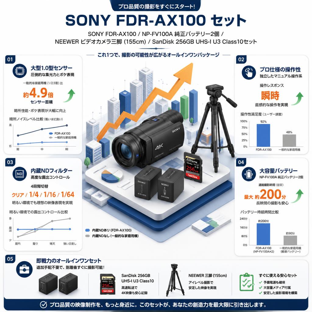 SONY FDR-AX100 / NP-FV100A 純正バッテリー2個 / NEEWER ビデオカメラ三脚 (155cm) / SanDisk 256GB UHS-I U3 Class10セット セールスポイント
