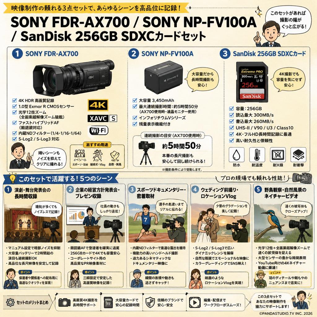 SONY FDR-AX700 / SONY NP-FV100A / SanDisk 256GB SDXCカードセット 用途