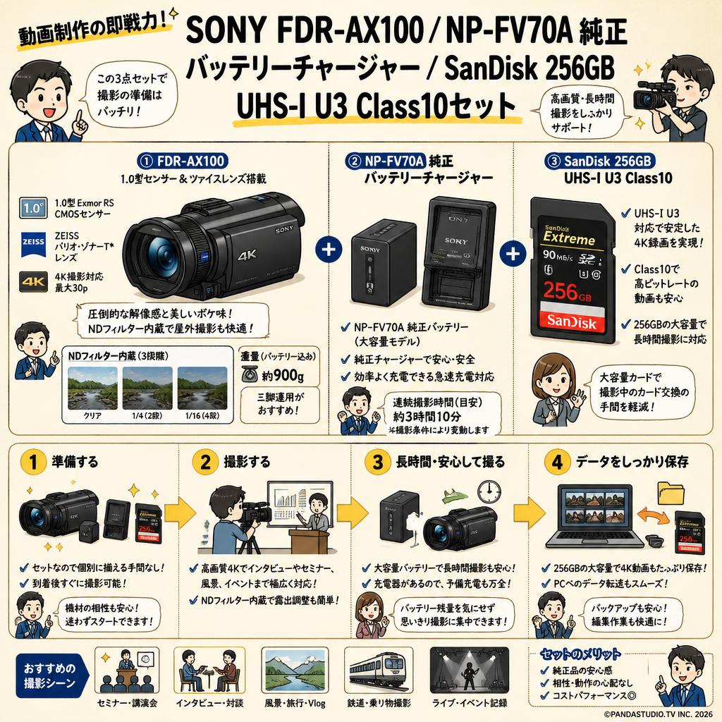 SONY FDR-AX100 / NP-FV70A 純正バッテリーチャージャー / SanDisk 256GB UHS-I U3 Class10セット インターネット上のお客様の声（評判）