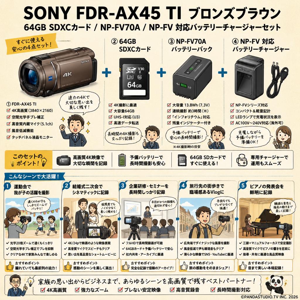 SONY FDR-AX45 TI ブロンズブラウン / 64GB SDXCカード / NP-FV70A / NP-FV 対応バッテリーチャージャーセット 用途