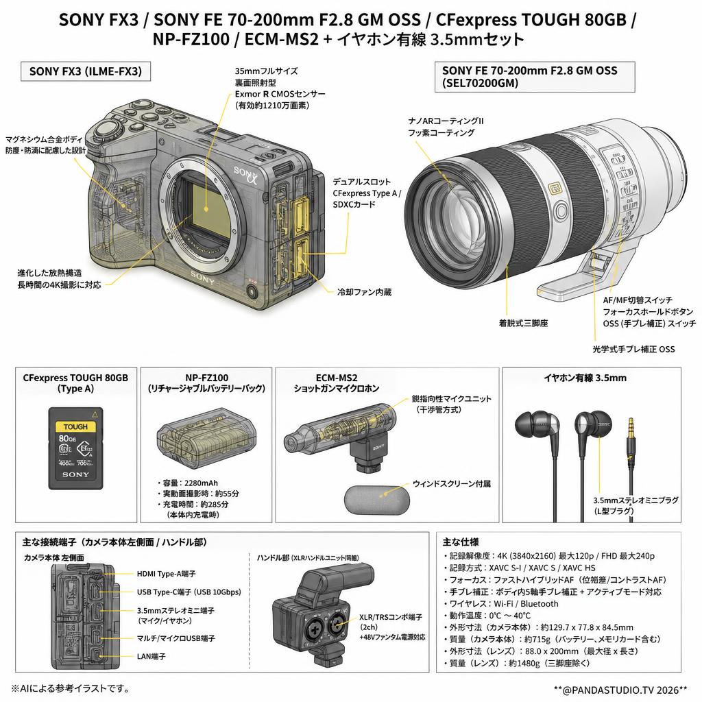 SONY FX3 / SONY FE 70-200mm F2.8 GM OSS / CFexpress TOUGH 80GB / NP-FZ100 / ECM-MS2 + イヤホン有線 3.5mmセット スペック