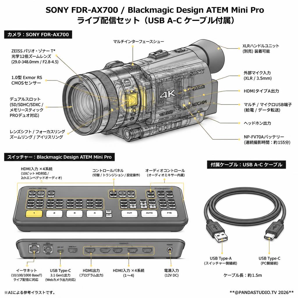SONY FDR-AX700 / Blackmagic Design ATEM Mini Proライブ配信セット（USB A-C ケーブル付属） スペック