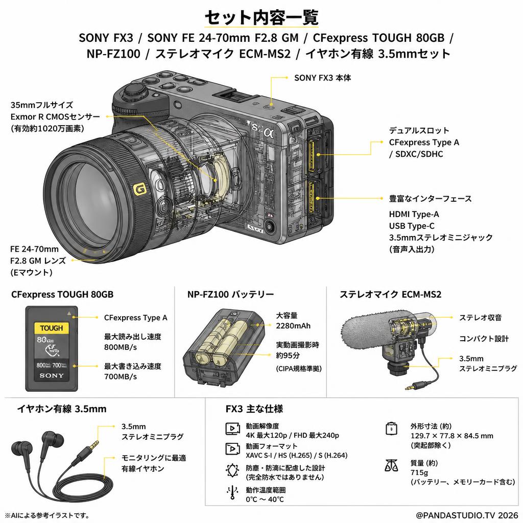 SONY FX3 / SONY FE 24-70mm F2.8 GM / CFexpress TOUGH 80GB / NP-FZ100 / ステレオマイク ECM-MS2 / イヤホン有線 3.5mmセット スペック