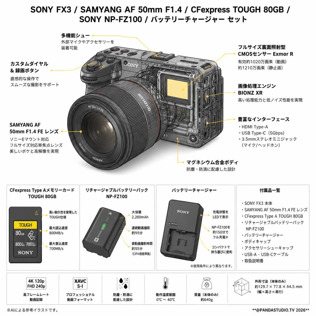 SONY FX3 / SAMYANG AF 50mm F1.4 / CFexpress TOUGH 80GB / SONY NP-FZ100 / バッテリーチャージャー セット スペック