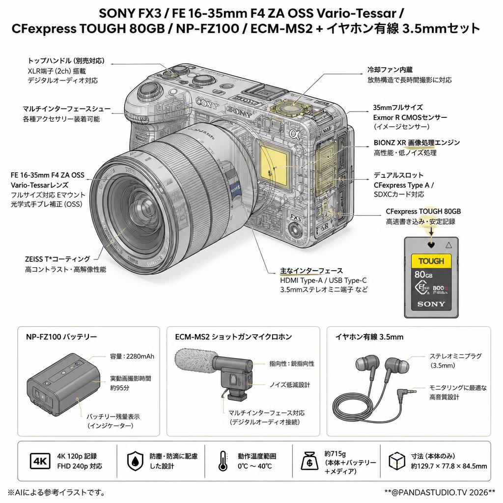 SONY FX3 / FE 16-35mm F4 ZA OSS Vario-Tessar / CFexpress TOUGH 80GB / NP-FZ100 / ECM-MS2 + イヤホン有線 3.5mmセット スペック