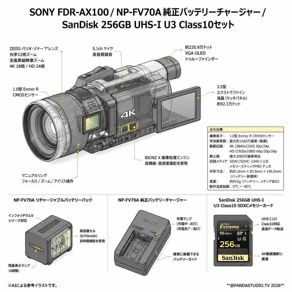 SONY FDR-AX100 / NP-FV70A 純正バッテリーチャージャー / SanDisk 256GB UHS-I U3 Class10セット スペック