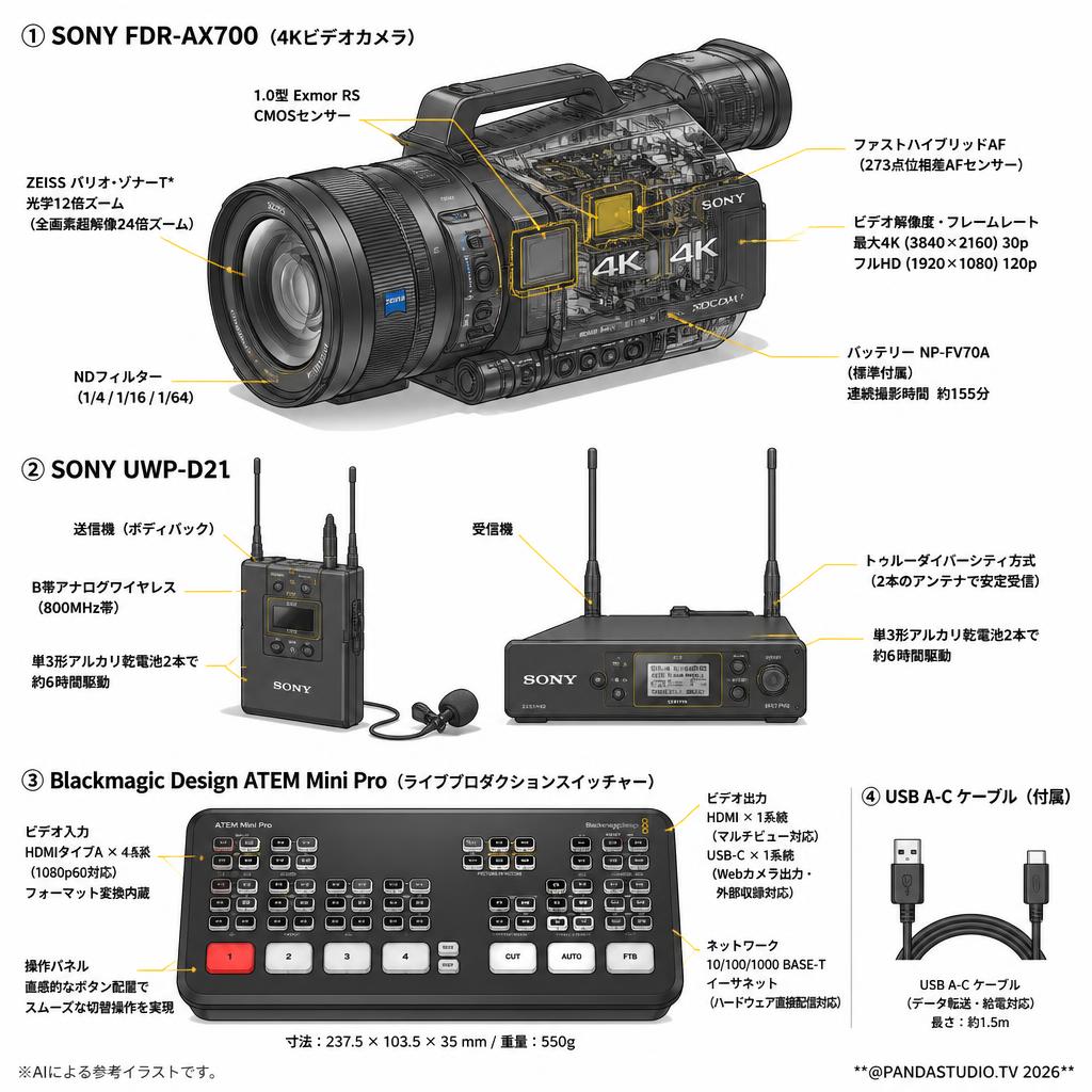SONY FDR-AX700 / UWP-D21 / Blackmagic Design ATEM Mini Proライブ配信セット（USB A-C ケーブル付属） スペック