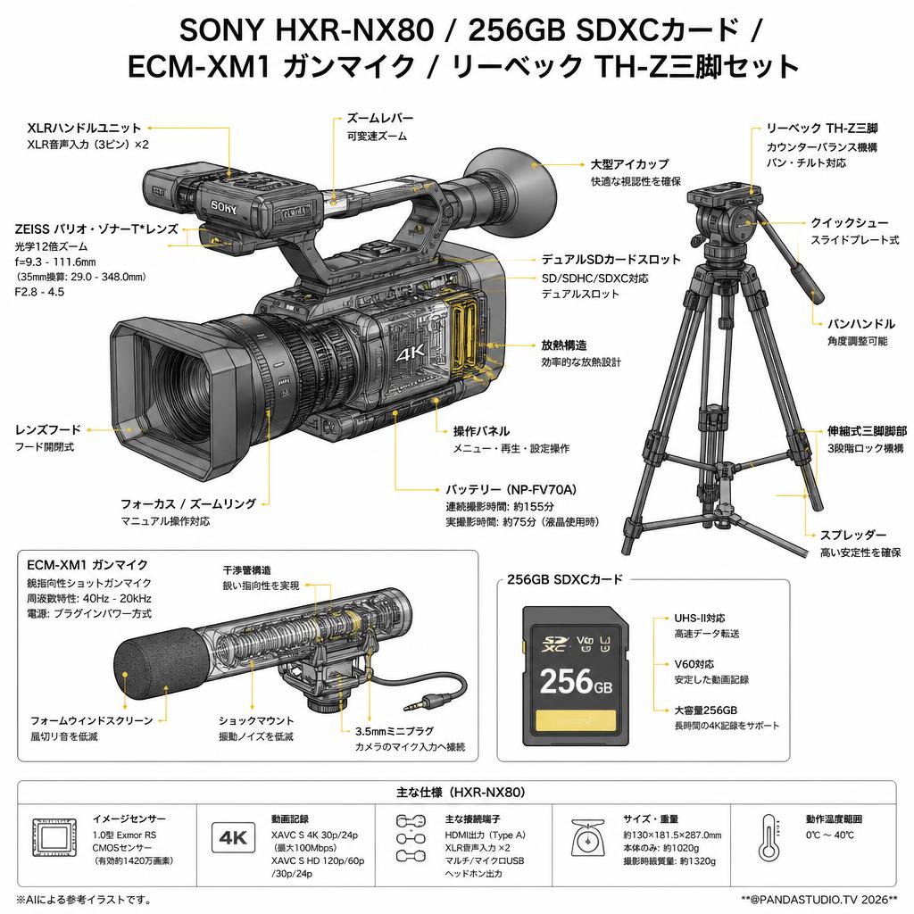 SONY HXR-NX80 / 256GB SDXCカード / ECM-XM1 ガンマイク / リーベック TH-Z三脚セット スペック
