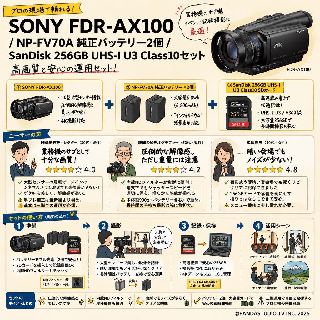 SONY FDR-AX100 / NP-FV70A 純正バッテリー2個 / SanDisk 256GB UHS-I U3 Class10セット インターネット上のお客様の声（評判）