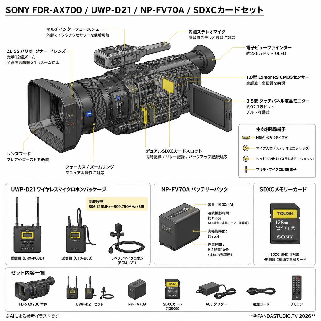 SONY FDR-AX700 / UWP-D21 / NP-FV70A / SDXCカードセット スペック
