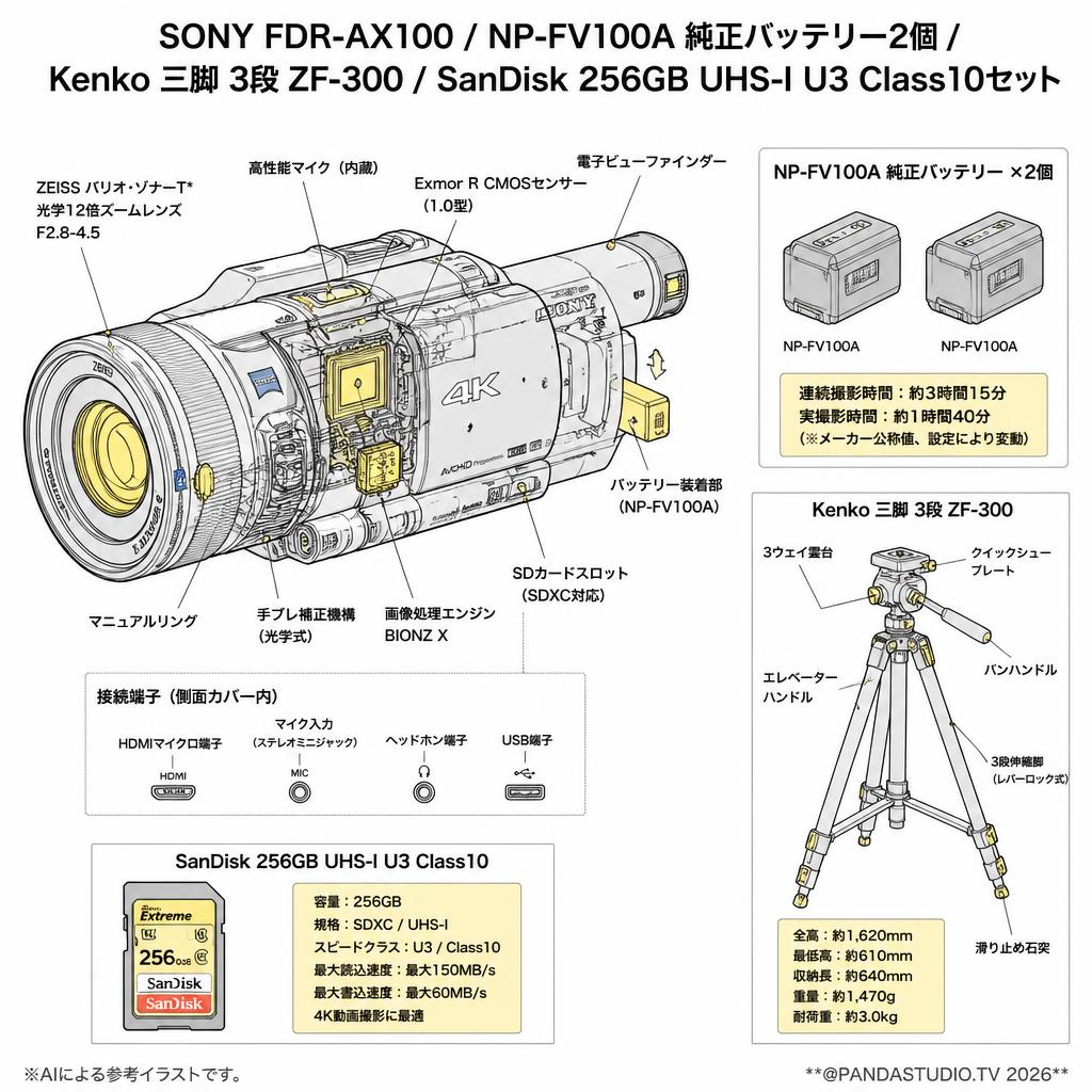 SONY FDR-AX100 / NP-FV100A 純正バッテリー2個 / Kenko 三脚 3段 ZF-300 / SanDisk 256GB UHS-I U3 Class10セット スペック