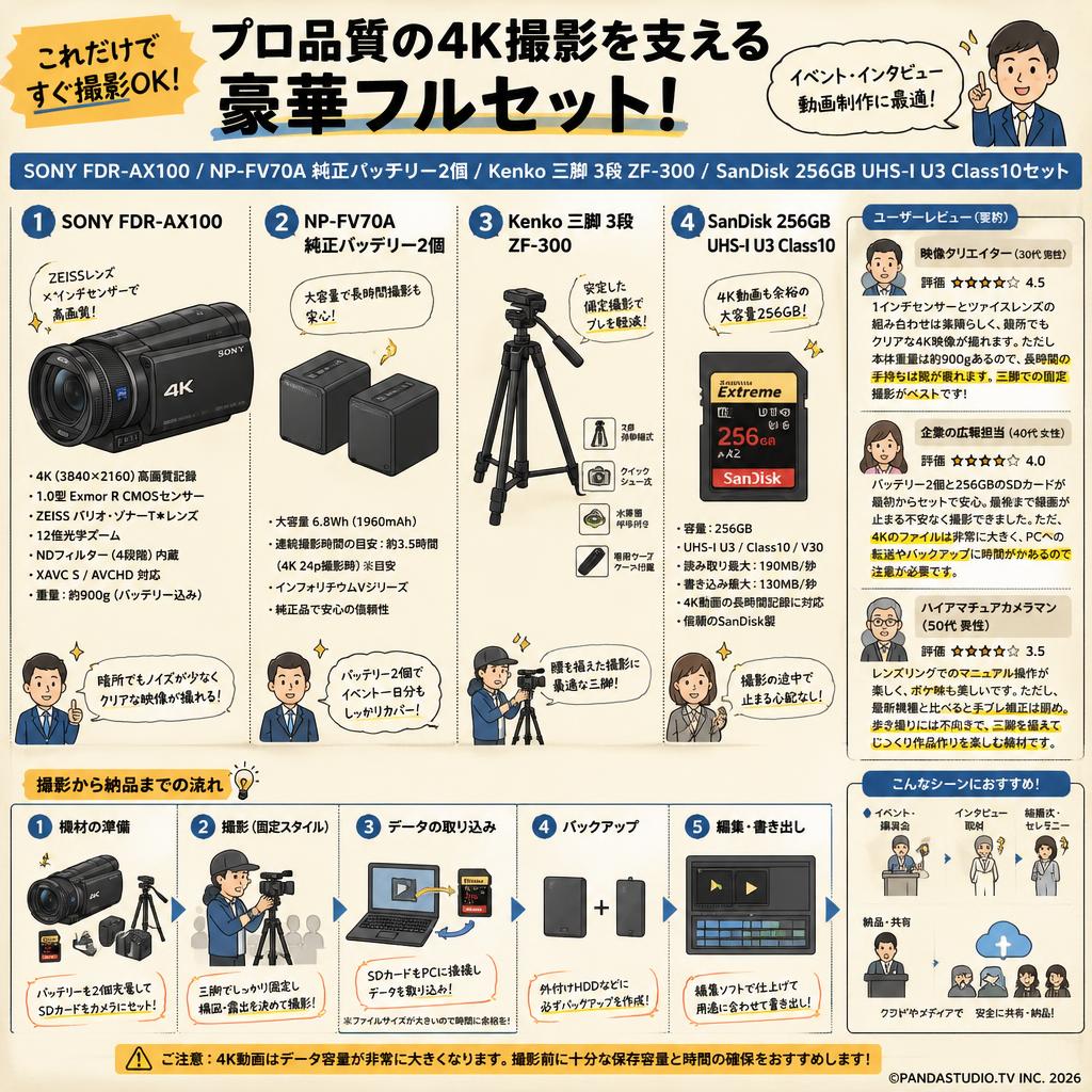 SONY FDR-AX100 / NP-FV70A 純正バッテリー2個 /Kenko 三脚 3段 ZF-300 / SanDisk 256GB UHS-I U3 Class10セット インターネット上のお客様の声（評判）