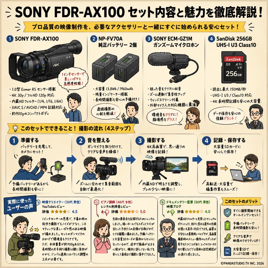 SONY FDR-AX100 / NP-FV70A 純正バッテリー2個 / SONY ECM-GZ1M / SanDisk 256GB UHS-I U3 Class10セット インターネット上のお客様の声（評判）