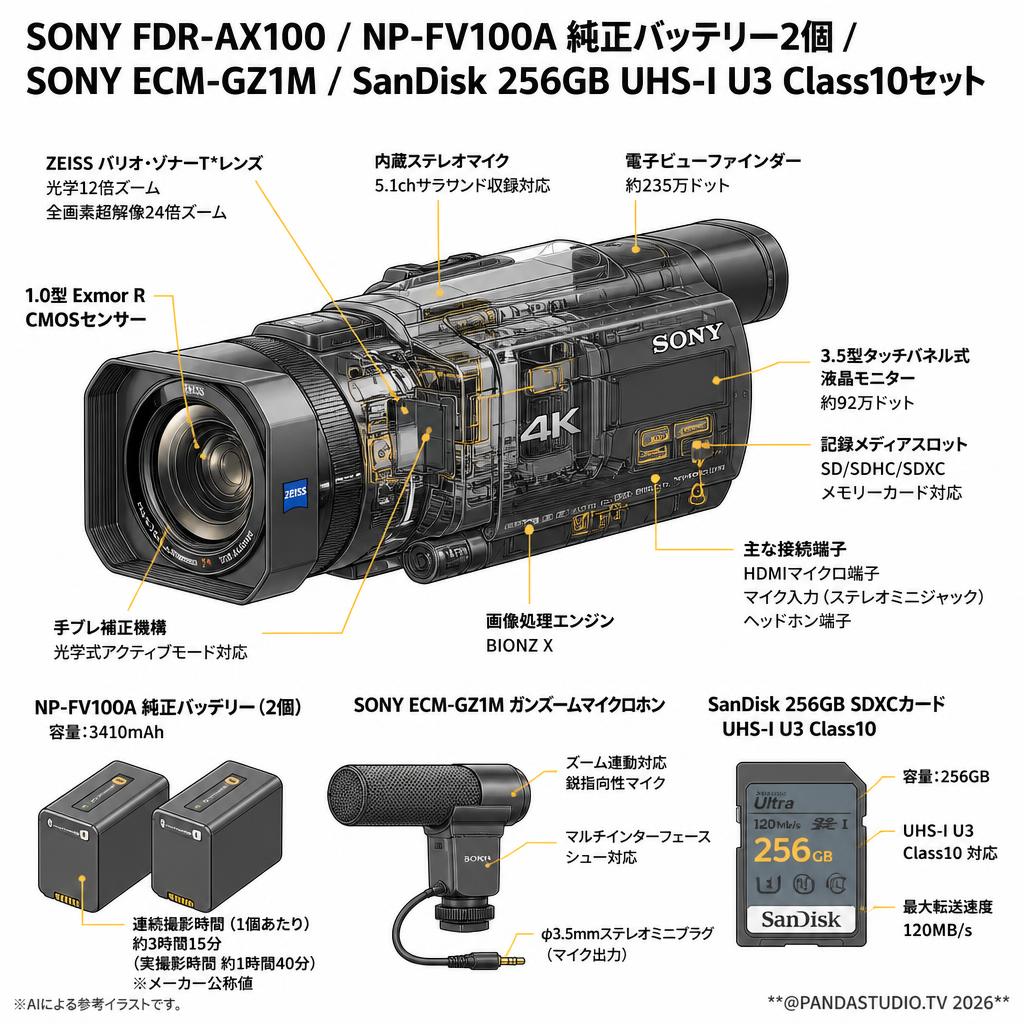 SONY FDR-AX100 / NP-FV100A 純正バッテリー2個 /SONY ECM-GZ1M / SanDisk 256GB UHS-I U3 Class10セット スペック