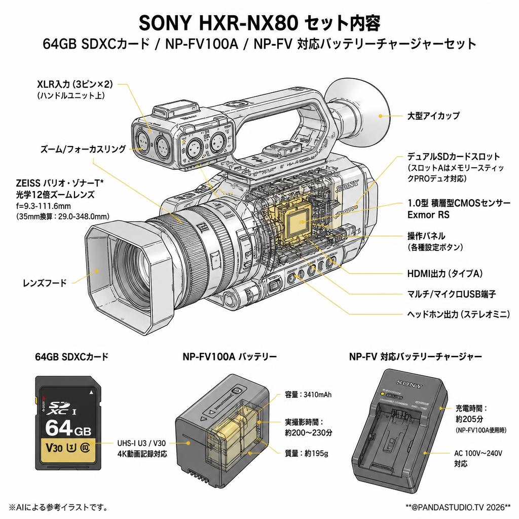 SONY HXR-NX80 / 64GB SDXCカード / NP-FV100A / NP-FV 対応バッテリーチャージャーセット スペック