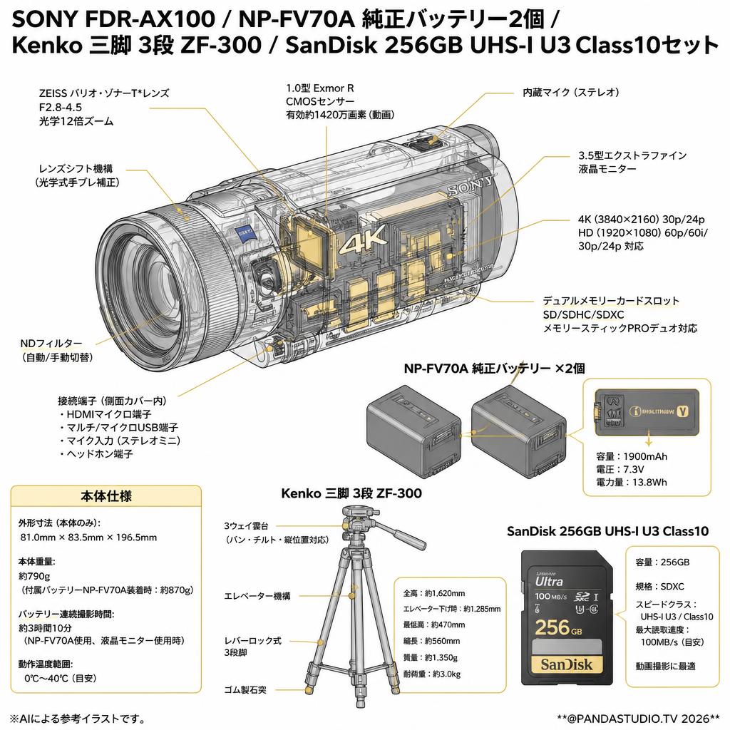 SONY FDR-AX100 / NP-FV70A 純正バッテリー2個 /Kenko 三脚 3段 ZF-300 / SanDisk 256GB UHS-I U3 Class10セット スペック
