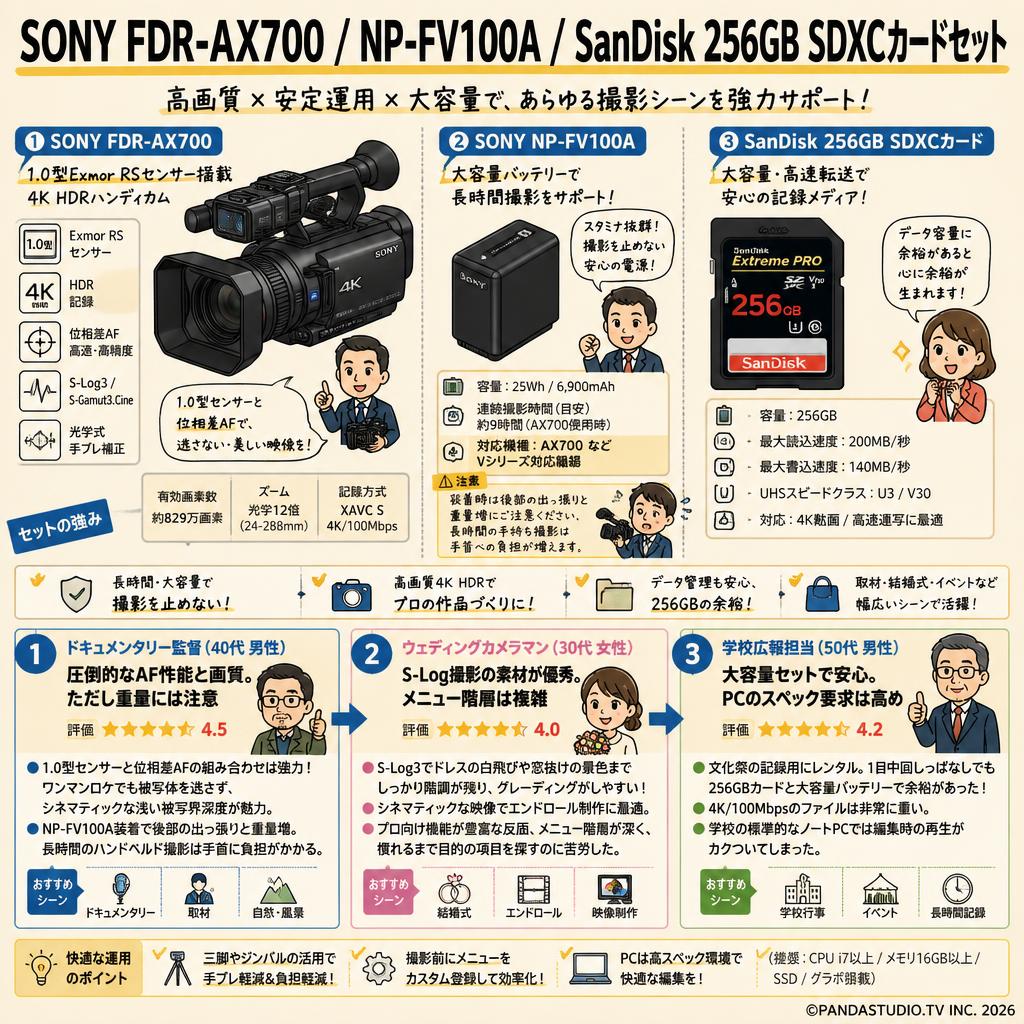 SONY FDR-AX700 / SONY NP-FV100A / SanDisk 256GB SDXCカードセット インターネット上のお客様の声（評判）