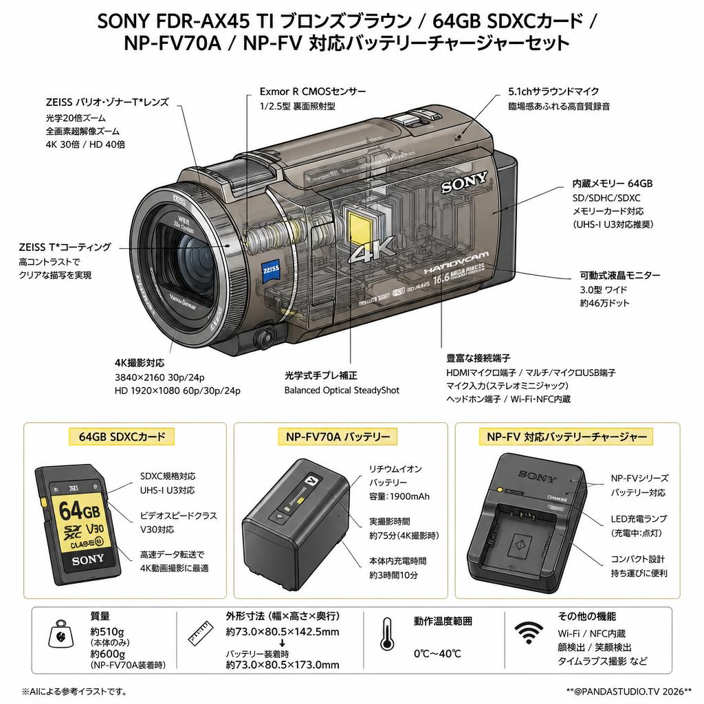 SONY FDR-AX45 TI ブロンズブラウン / 64GB SDXCカード / NP-FV70A / NP-FV 対応バッテリーチャージャーセット スペック