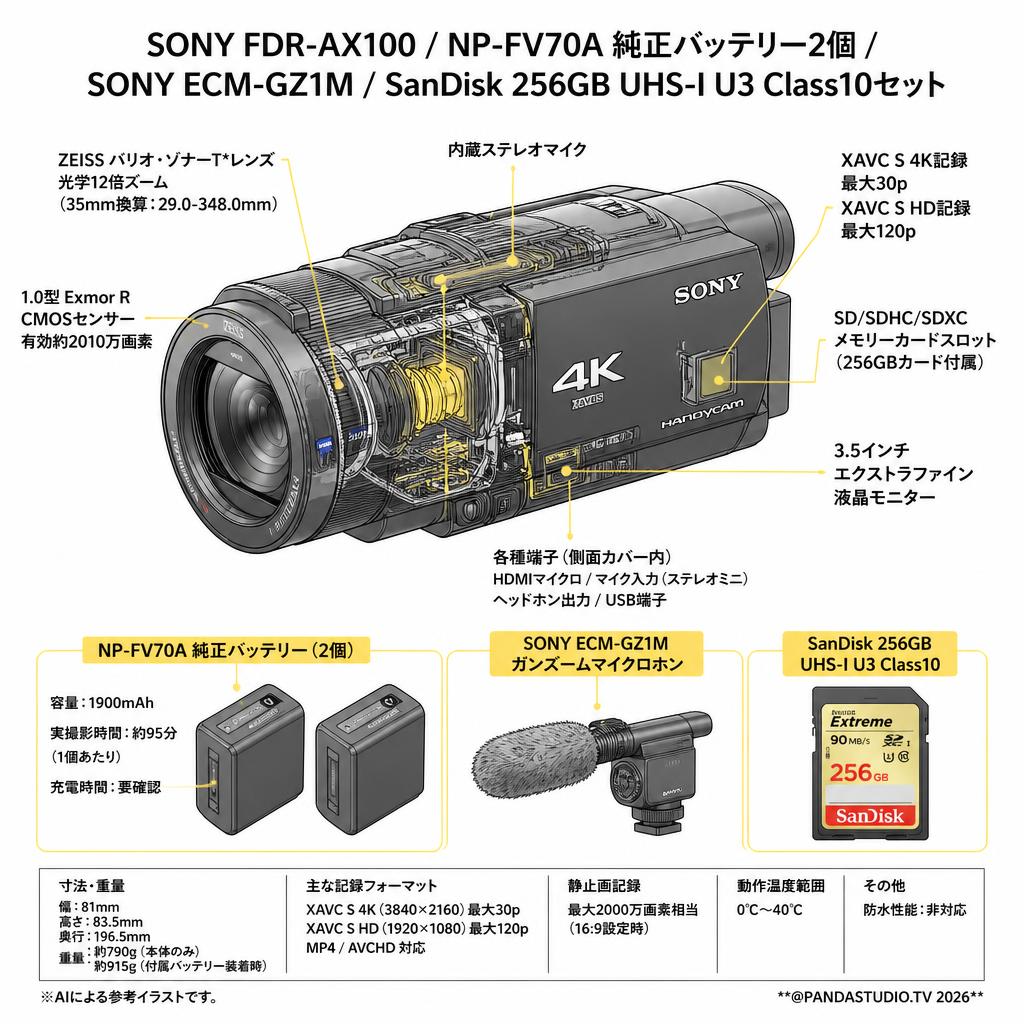 SONY FDR-AX100 / NP-FV70A 純正バッテリー2個 / SONY ECM-GZ1M / SanDisk 256GB UHS-I U3 Class10セット スペック