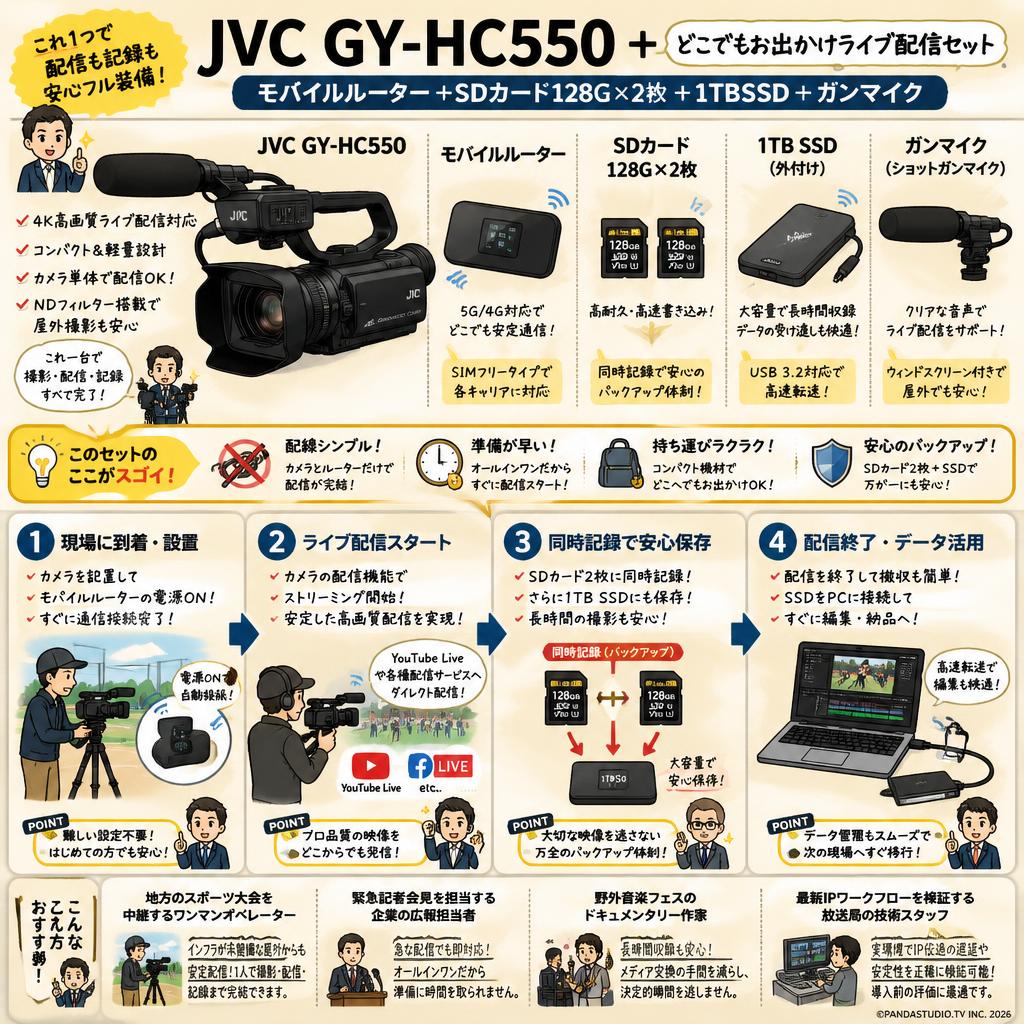 JVC GY-HC550 + モバイルルーター＋SDカード128G×2枚 + 1TBSSD + ガンマイク(どこでもお出かけライブ配信セット) おもな対象のお客様