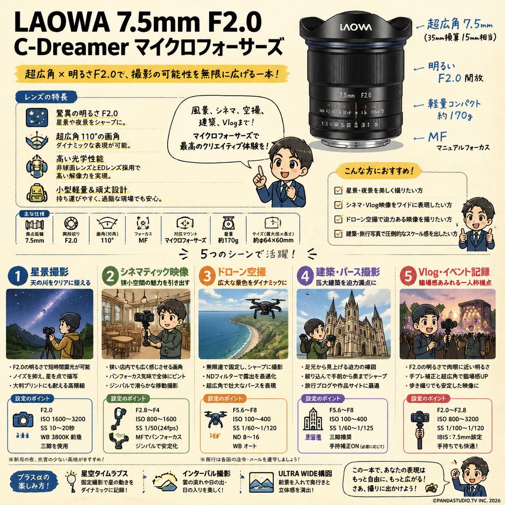 LAOWA 7.5mm F2.0 C-Dreamer マイクロフォーサーズ 用途