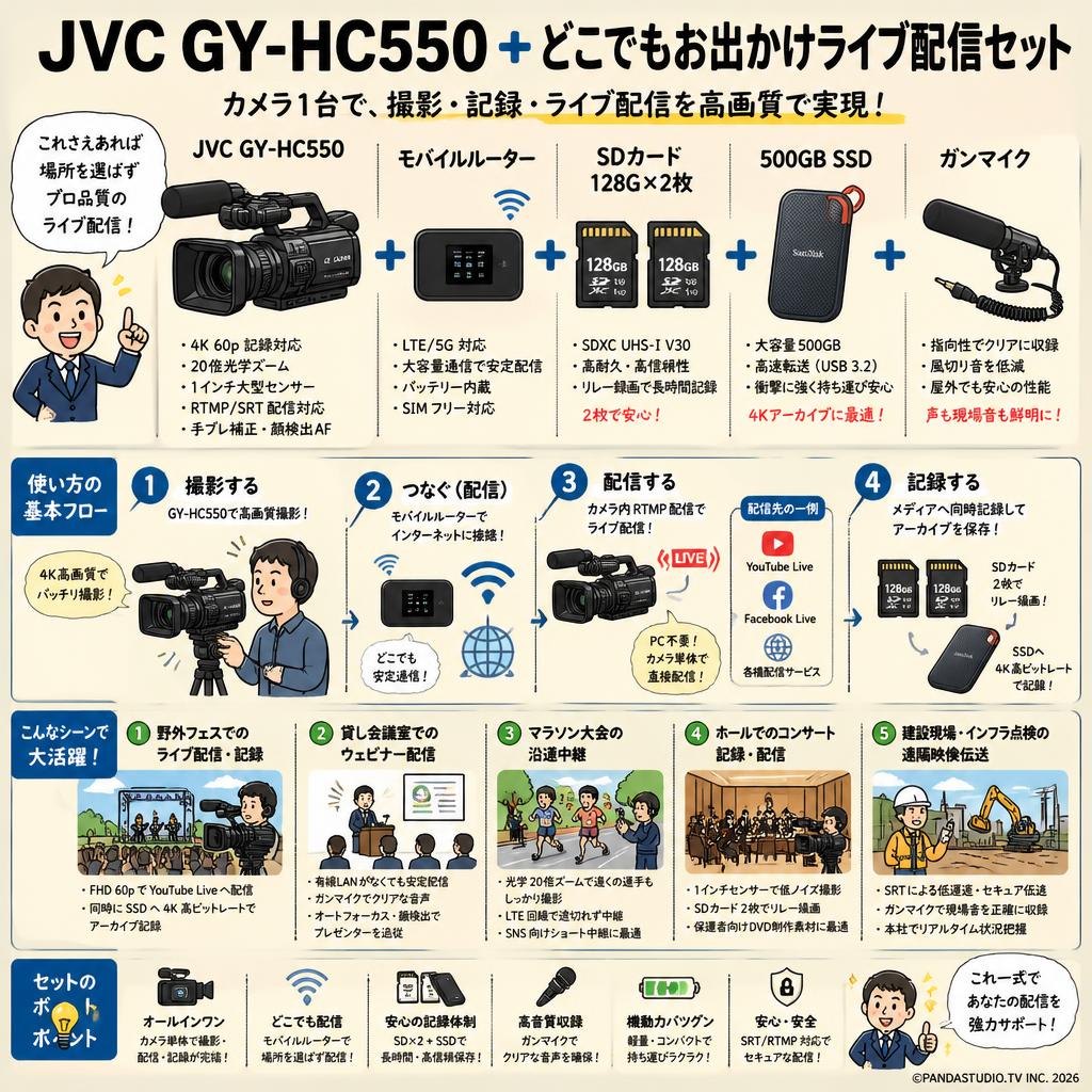 JVC GY-HC550 + モバイルルーター＋SDカード128G×2枚 + 500GBSSD + ガンマイク(どこでもお出かけライブ配信セット) 用途