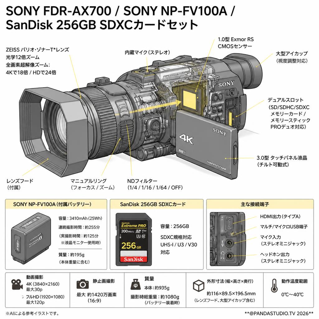 SONY FDR-AX700 / SONY NP-FV100A / SanDisk 256GB SDXCカードセット スペック