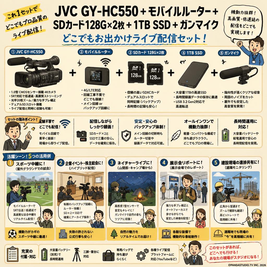 JVC GY-HC550 + モバイルルーター＋SDカード128G×2枚 + 1TBSSD + ガンマイク(どこでもお出かけライブ配信セット) 用途