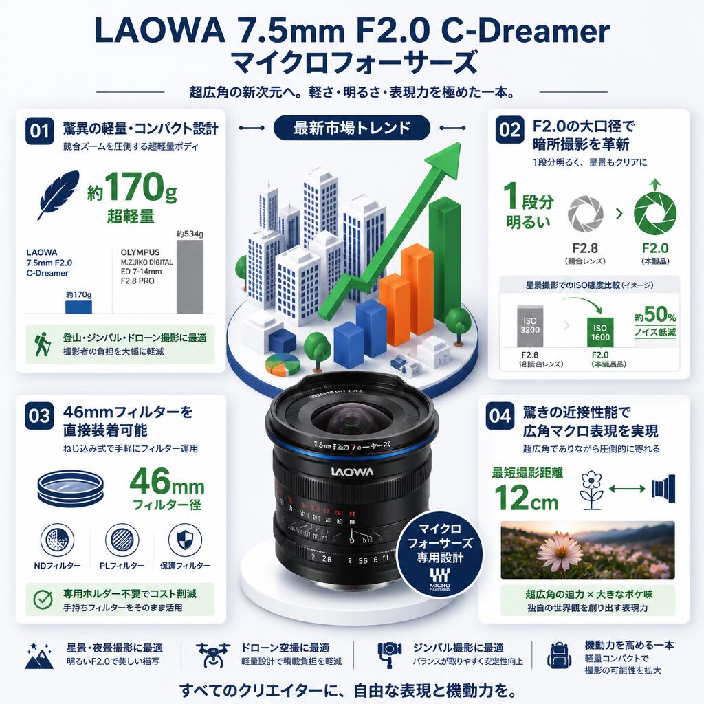 LAOWA 7.5mm F2.0 C-Dreamer マイクロフォーサーズ セールスポイント