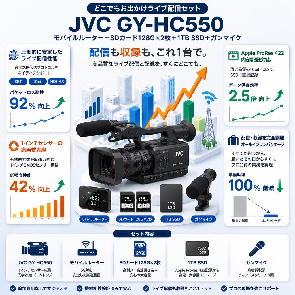 JVC GY-HC550 + モバイルルーター＋SDカード128G×2枚 + 1TBSSD + ガンマイク(どこでもお出かけライブ配信セット) セールスポイント
