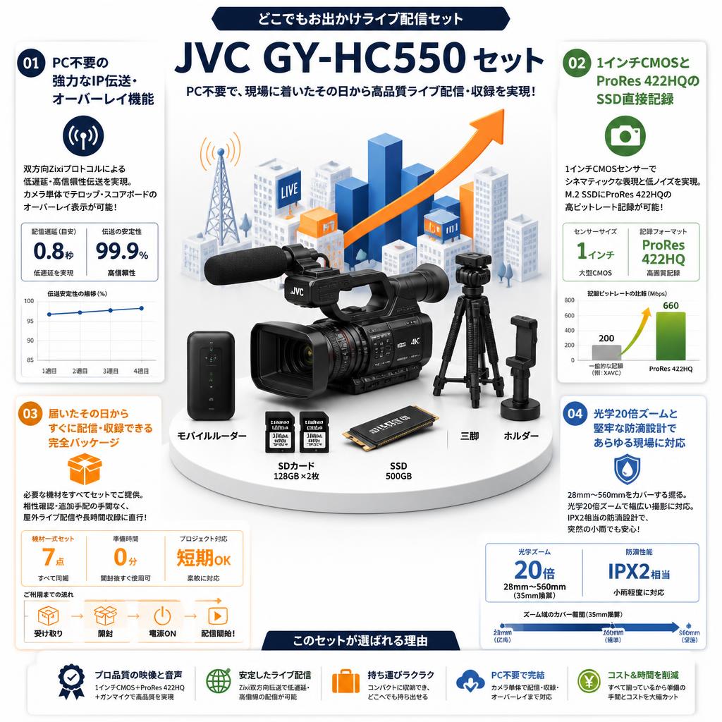 JVC GY-HC550 / モバイルルーター / 2枚SDカード128GB / 500GB SSD / ガンマイク / 三脚 / ホルダー(どこでもお出かけライブ配信セット) セールスポイント