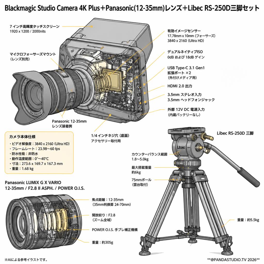 Blackmagic Studio Camera 4K Plus＋Panasonic(12-35mm)レンズ＋Libec  RS-250D三脚セット スペック