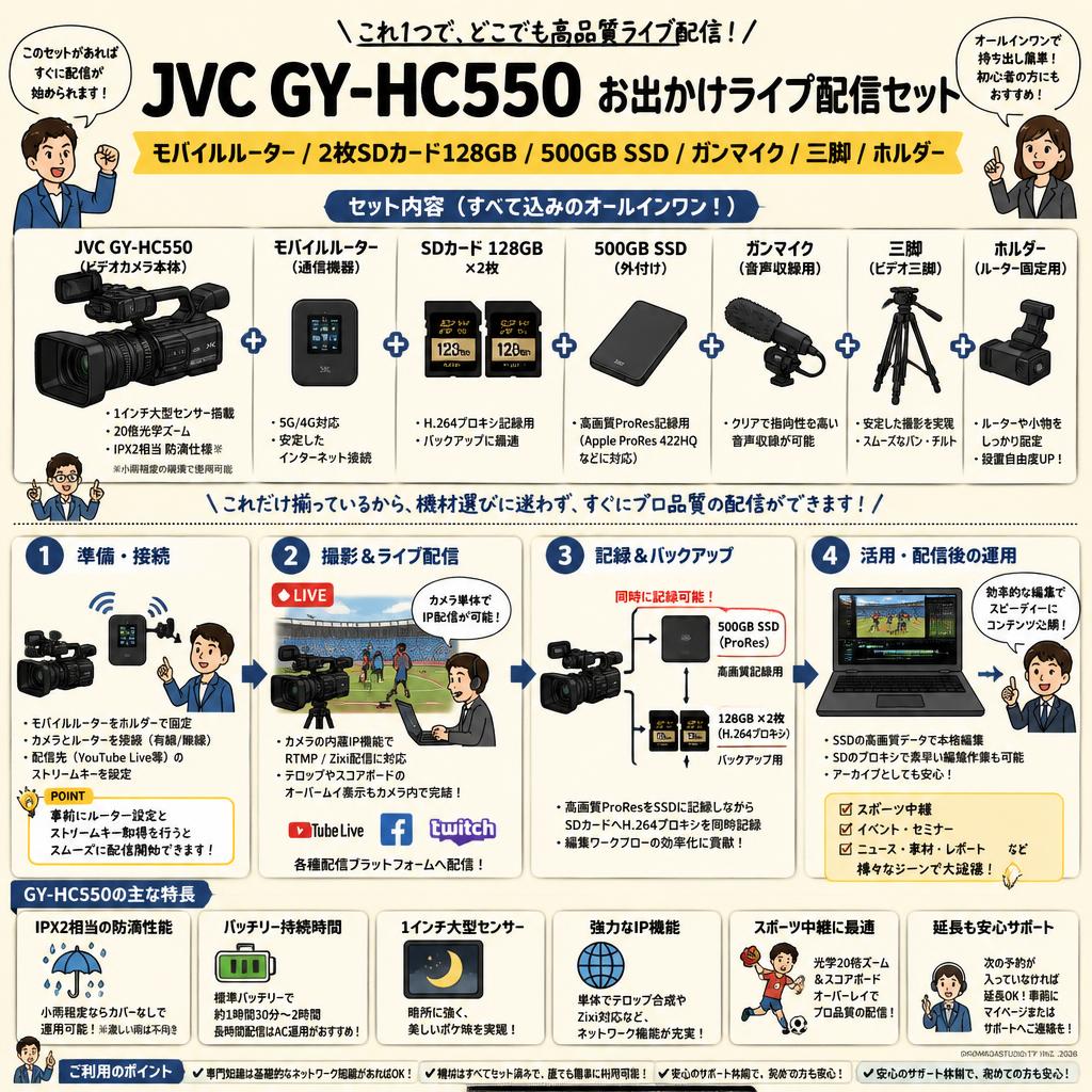JVC GY-HC550 / モバイルルーター / 2枚SDカード128GB / 500GB SSD / ガンマイク / 三脚 / ホルダー(どこでもお出かけライブ配信セット) FAQ（よくある質問と答え）