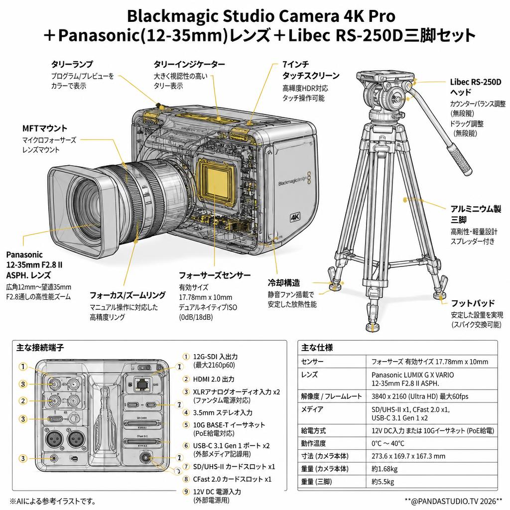 Blackmagic Studio Camera 4K Pro＋Panasonic(12-35mm)レンズ＋Libec  RS-250D三脚セット スペック