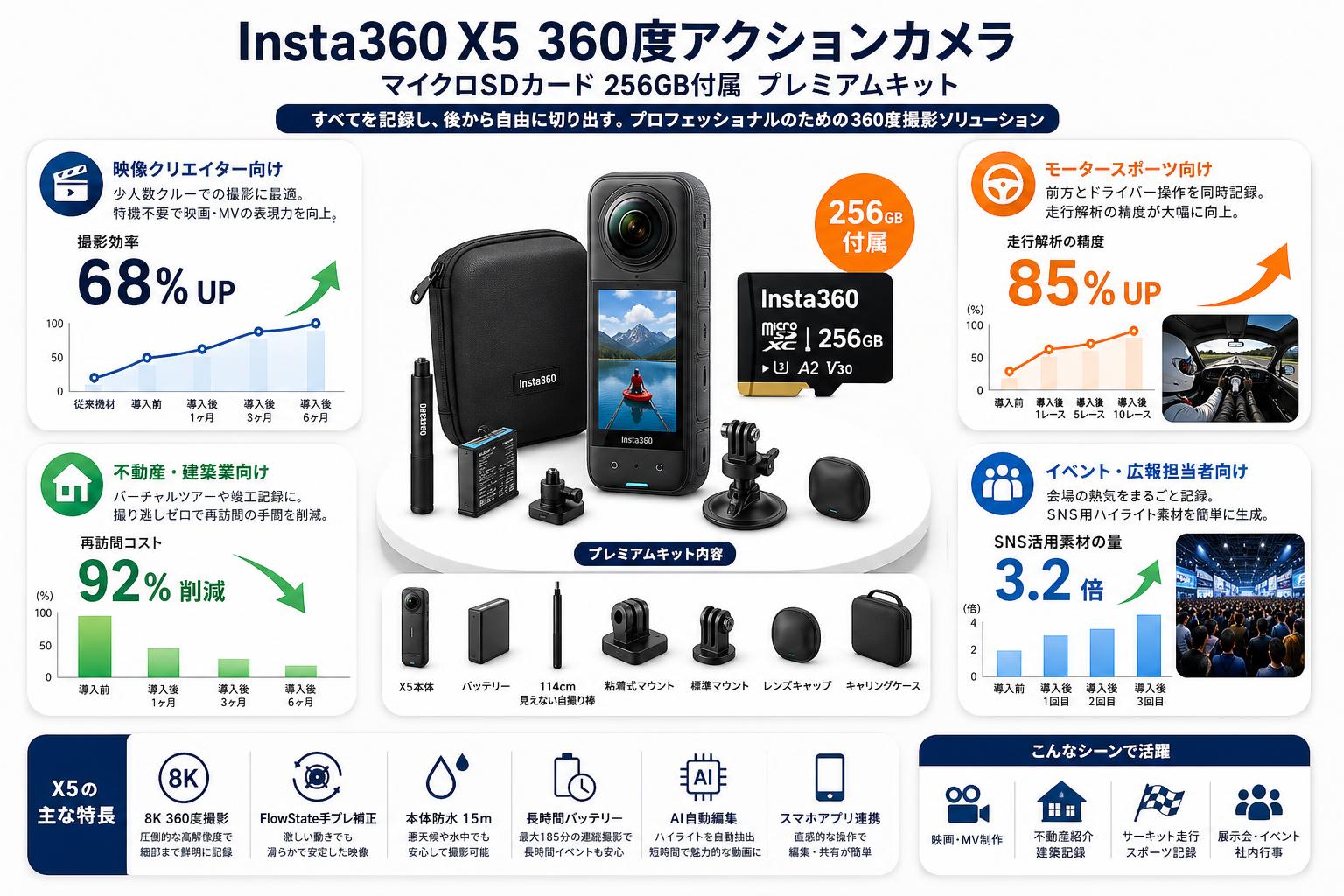 Insta360 X5 360度アクションカメラ  マイクロSDカード 256GB付属 プレミアムキット おもな対象のお客様