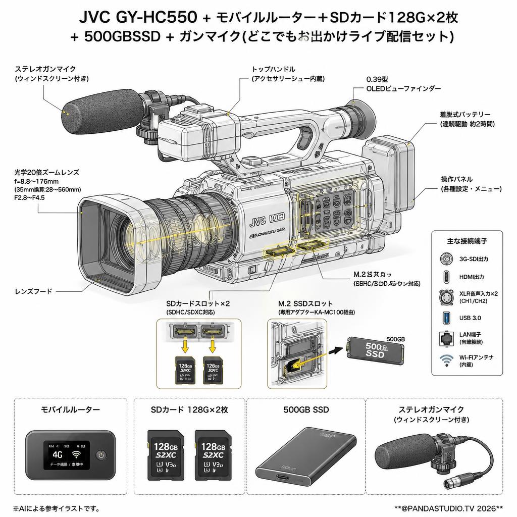 JVC GY-HC550 + モバイルルーター＋SDカード128G×2枚 + 500GBSSD + ガンマイク(どこでもお出かけライブ配信セット) スペック