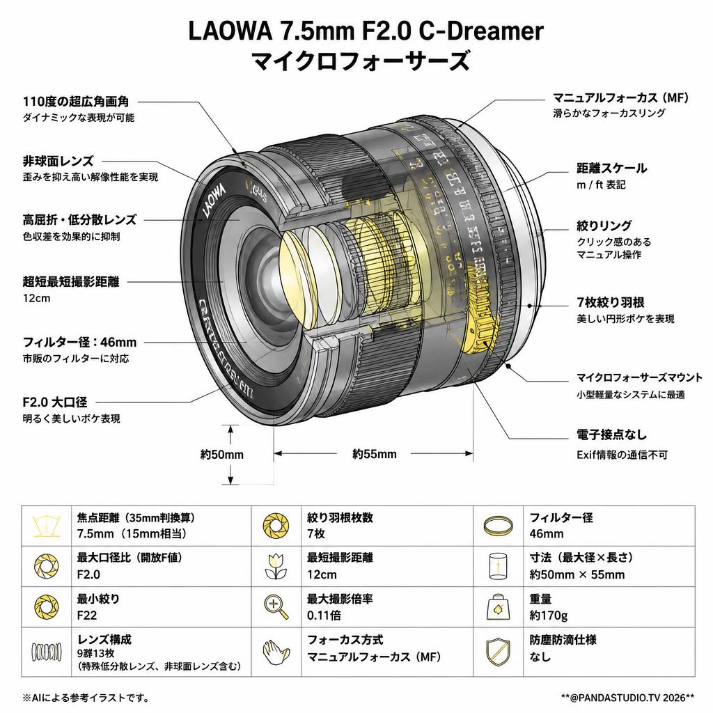 LAOWA 7.5mm F2.0 C-Dreamer マイクロフォーサーズ スペック