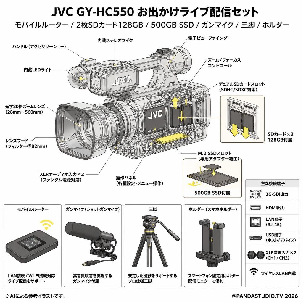 JVC GY-HC550 / モバイルルーター / 2枚SDカード128GB / 500GB SSD / ガンマイク / 三脚 / ホルダー(どこでもお出かけライブ配信セット) スペック