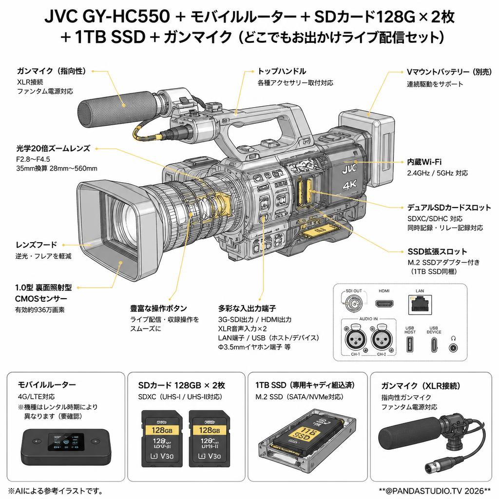 JVC GY-HC550 + モバイルルーター＋SDカード128G×2枚 + 1TBSSD + ガンマイク(どこでもお出かけライブ配信セット) スペック