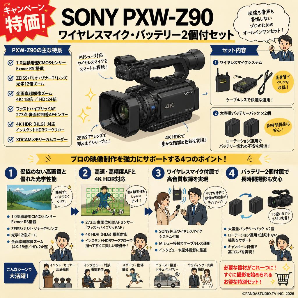 【キャンペーン特価】SONY PXW-Z90 ワイヤレスマイク・バッテリー2個付セット 概要