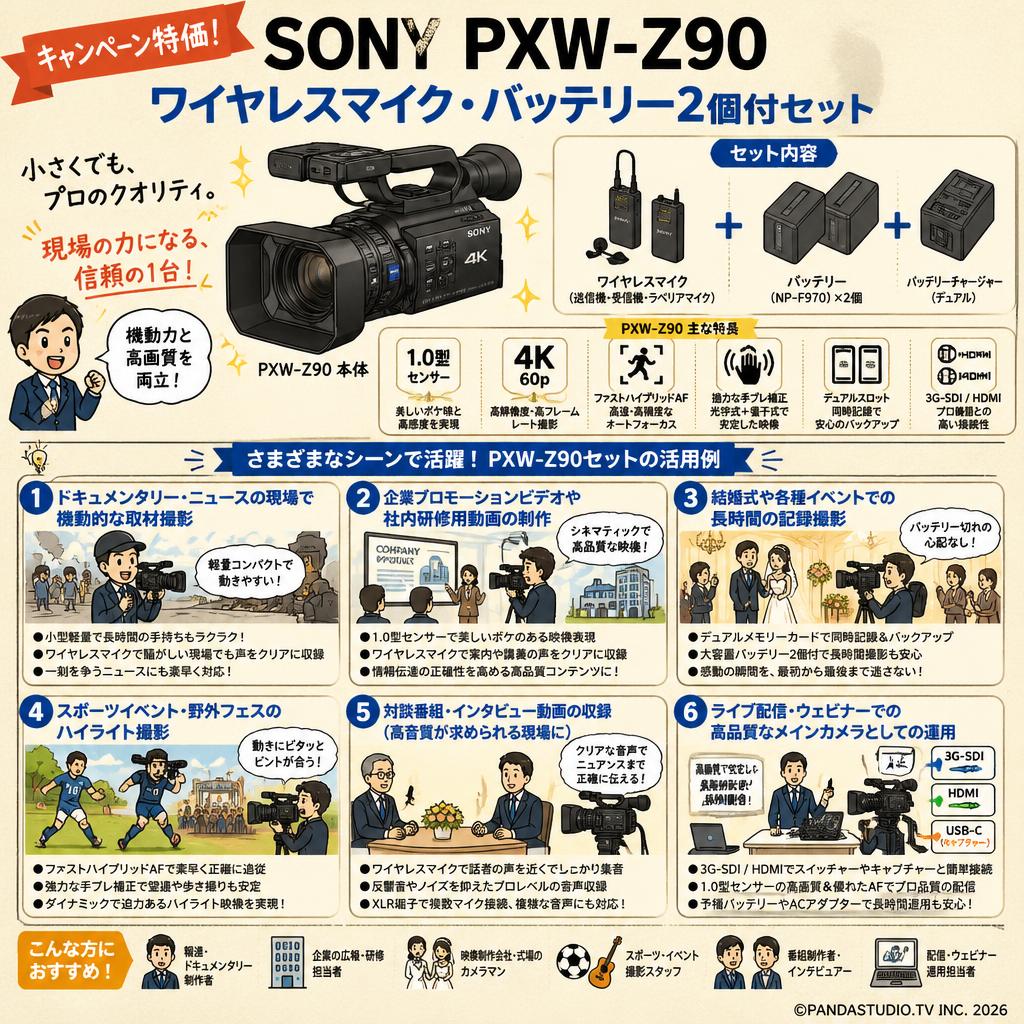 【キャンペーン特価】SONY PXW-Z90 ワイヤレスマイク・バッテリー2個付セット 用途