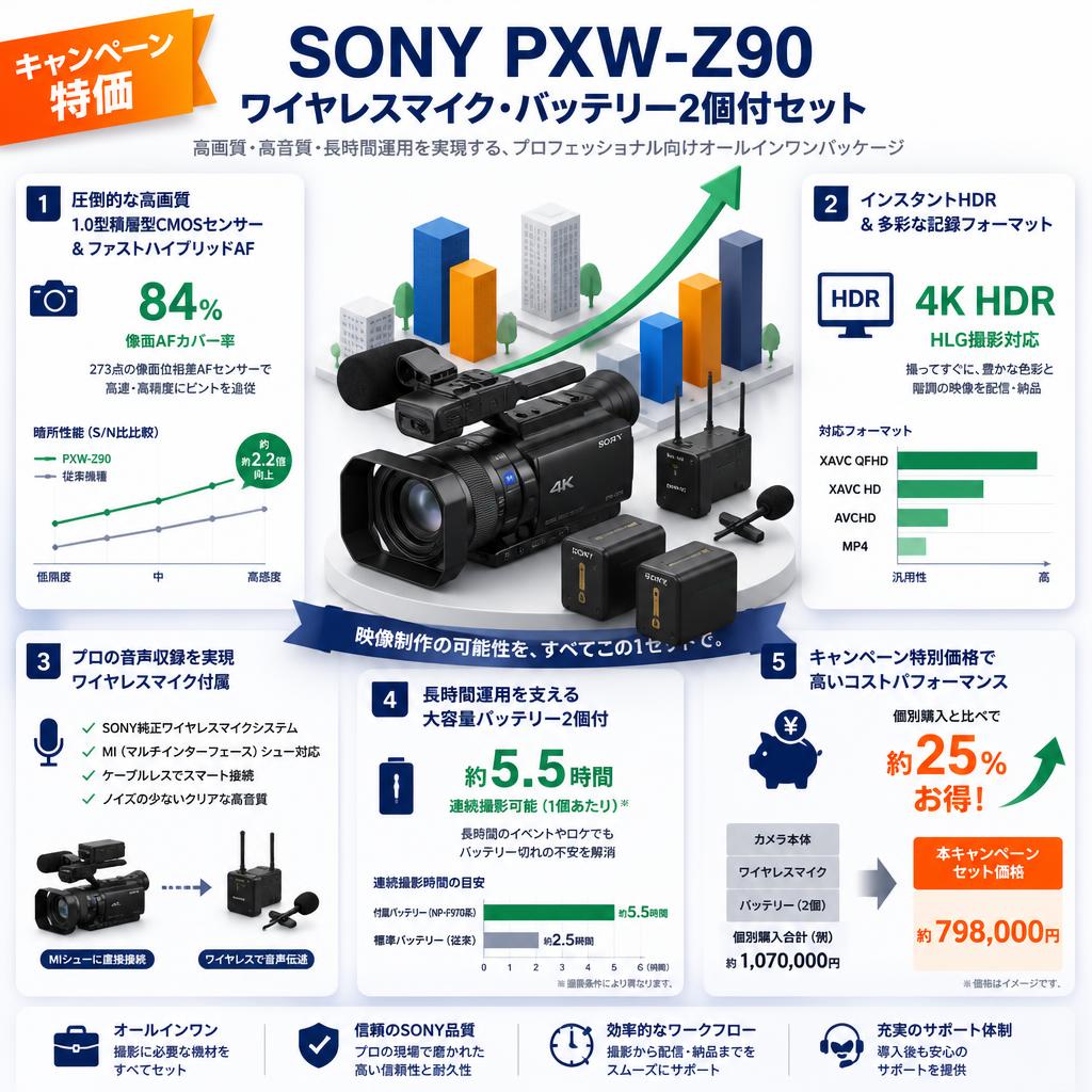 【キャンペーン特価】SONY PXW-Z90 ワイヤレスマイク・バッテリー2個付セット セールスポイント