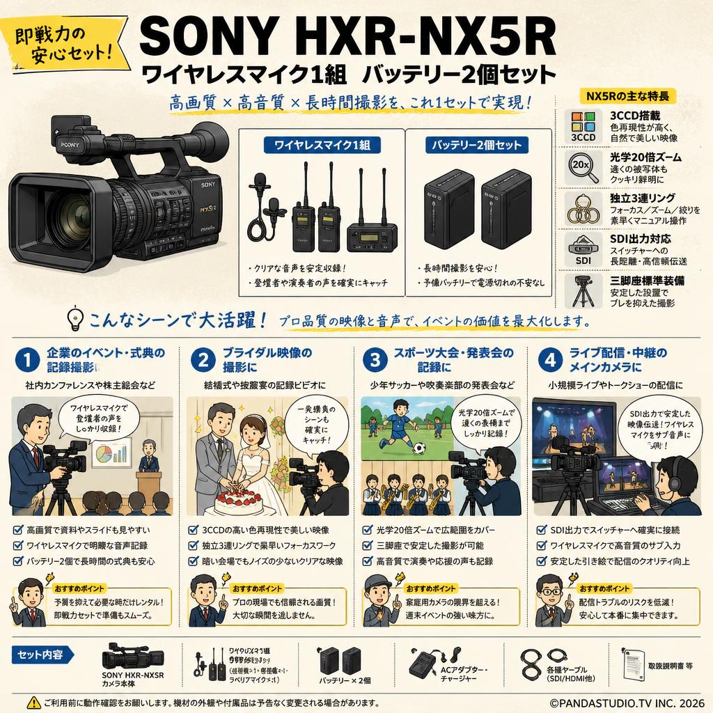 SONY HXR-NX5R ワイヤレスマイク1組  バッテリー2個セット おもな対象のお客様