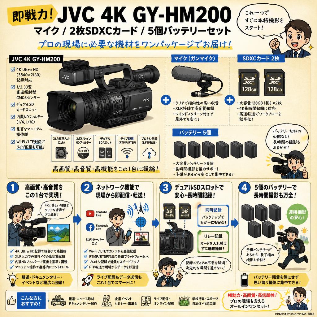 JVC  4K GY-HM200 / マイク / 2枚SDXCカード / 5個バッテリーセット 概要