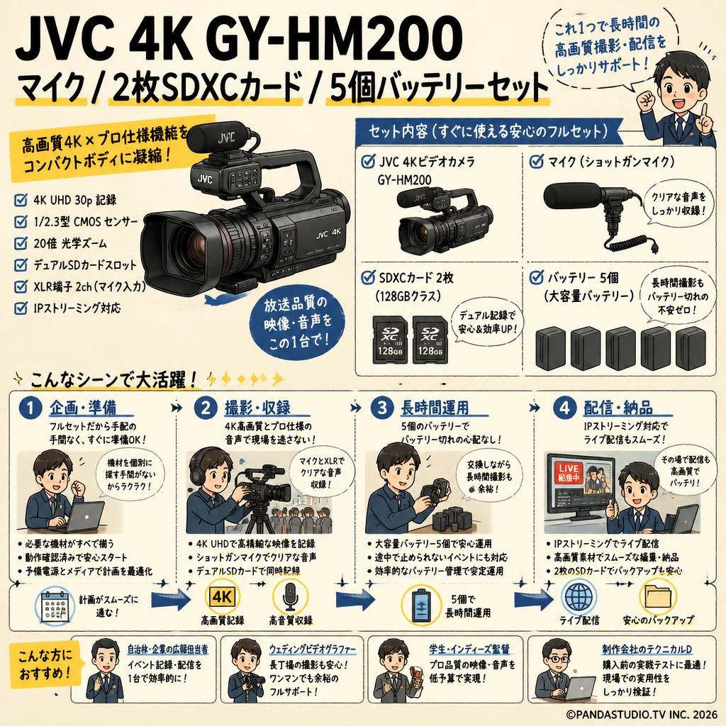 JVC  4K GY-HM200 / マイク / 2枚SDXCカード / 5個バッテリーセット おもな対象のお客様